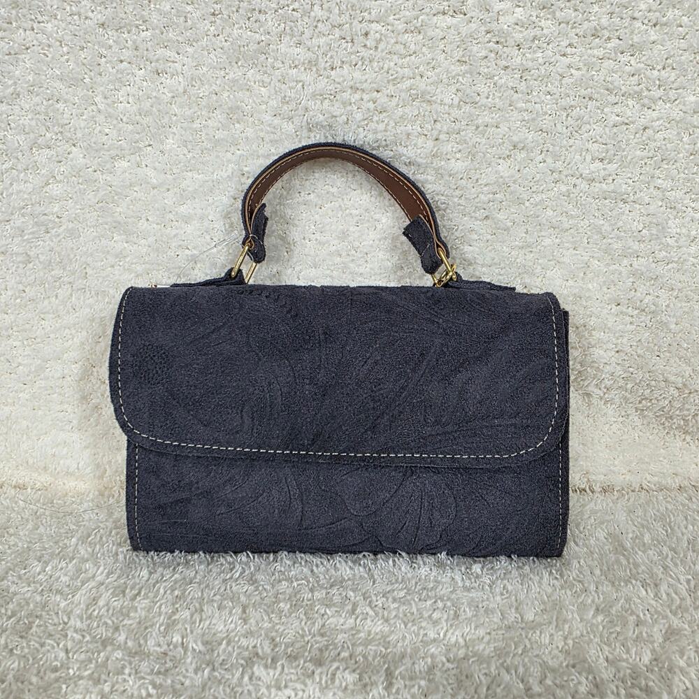 Artisan Handcrafted Embossed Floral Design Gray Suede Crossbody Bag